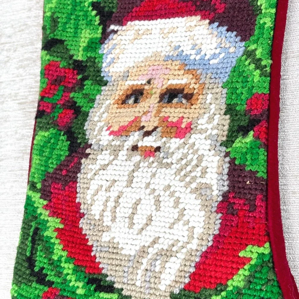 Vintage Needlepoint Cross Stitch Santa Garland Bow Christmas Stocking 18 in